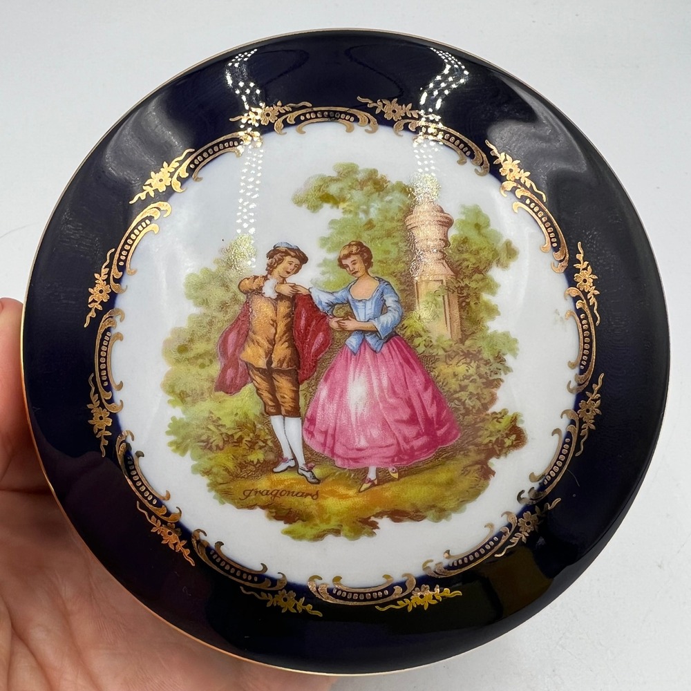 Limoges Castel France Cobalt Blue 22K Gold Fragonard Courting Couple Trinket Box